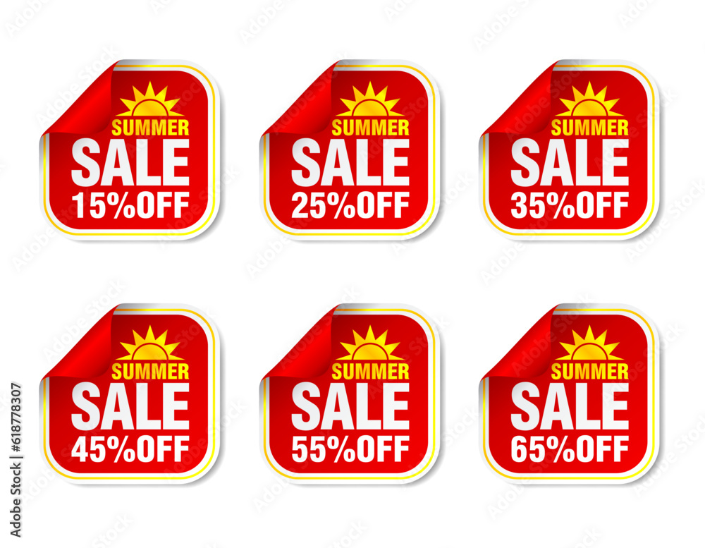 Summer sale red stickers set 15%, 25%, 35%, 45%, 55%, 65% off discount