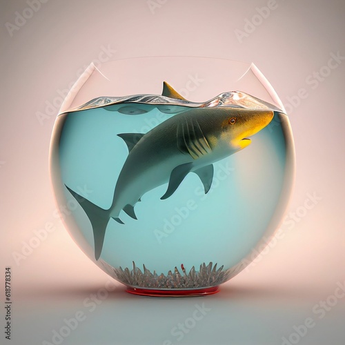 a glass bowl containing two different types of fish in water photo