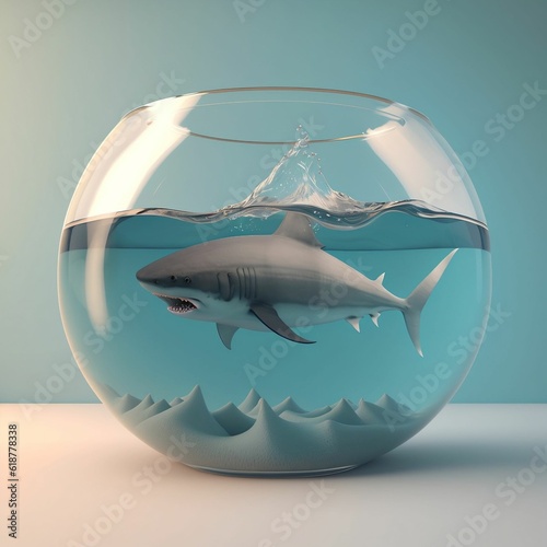 a shark inside of a fish bowl next to water and waves