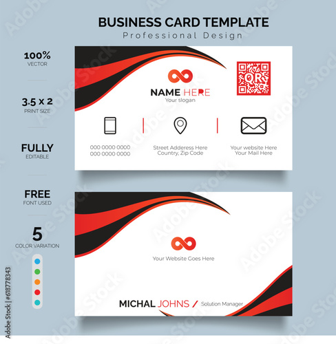 Man holding out business card. Peach and Green Bubbles Business Card Layout. Double-sided, Vector illustration print template.