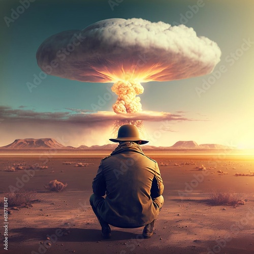 a man kneeling in the sand near a cloud on a nuclear explosion photo