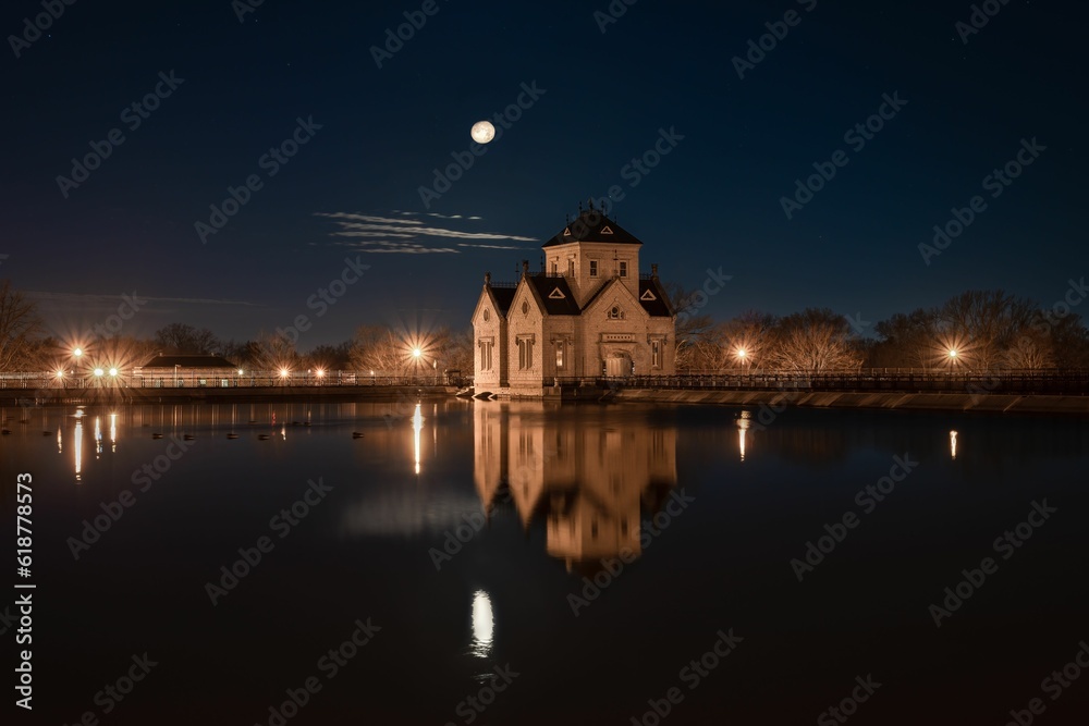 Landscape of the Crescent Hill Reservoir at night in Louisville, Kentucky