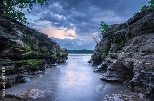 Landscape of Falls of the Ohio State Park under a gloomy sky in the evening