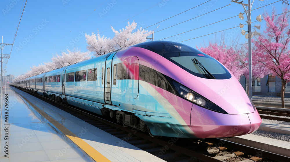 a fast moving silver train, in the style of light turquoise and light magenta, kintsukuroi, traditional color scheme, glazed surfaces, light green and white, urban energy, sky-blue and green