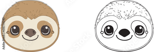 Cute Happy baby sloth face vector illustration, sloth silhouette