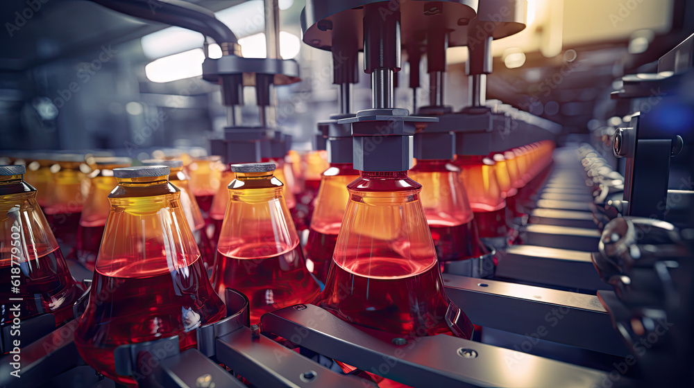 Provensional Industrial line for bottling and packaging of cosmetics. Bottles with perfumes, tonic, serum, oil, shampoo, shower gel, lotions, skin care products. Provensional Industrial line for bottling and packaging of cosmetics. Bottles with perfumes, tonic, serum, oil, shampoo, shower gel, lotions, skin care products.