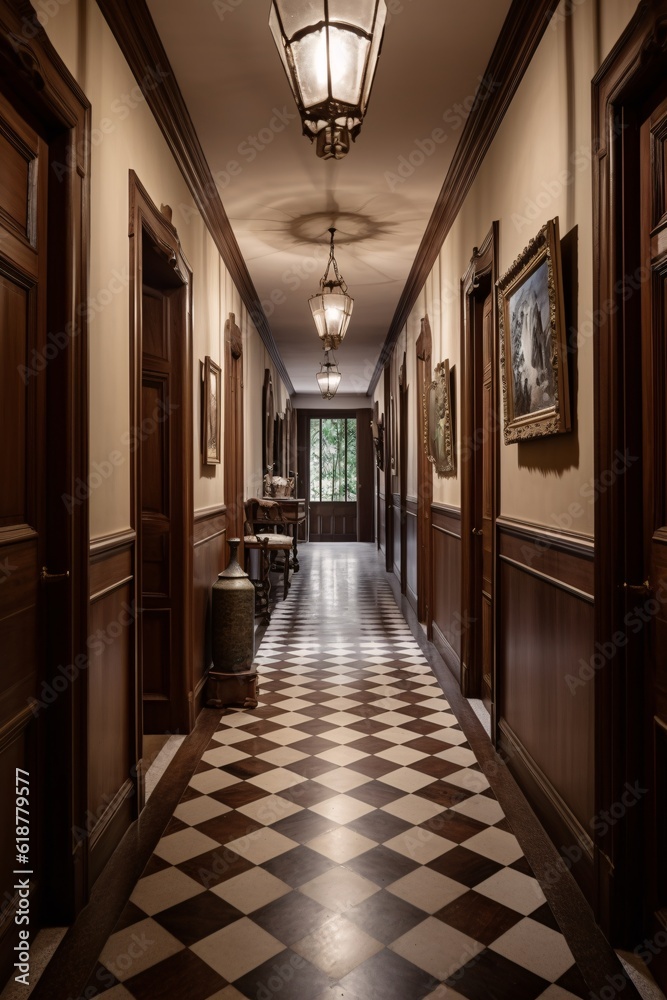 Interior of a corridor in an old school building. Colonial, country style. created with Generative AI