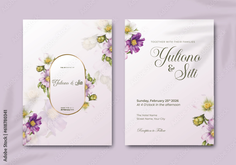 elegant wedding invitation card template with flower illustration watercolor premium vector