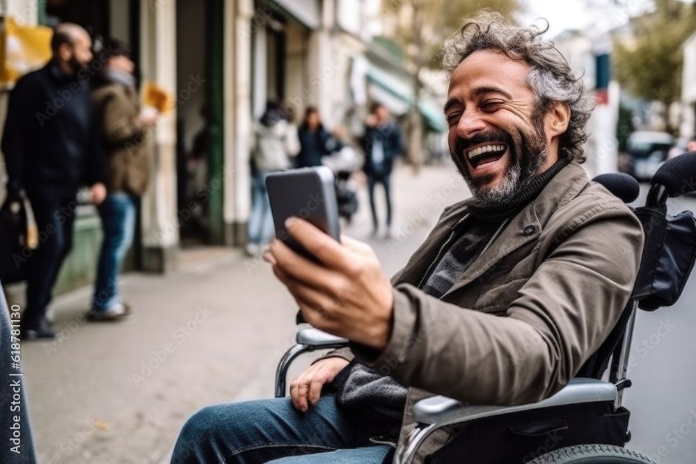 Happy satisfied cheerful disabled adult man in a wheelchair enjoying life