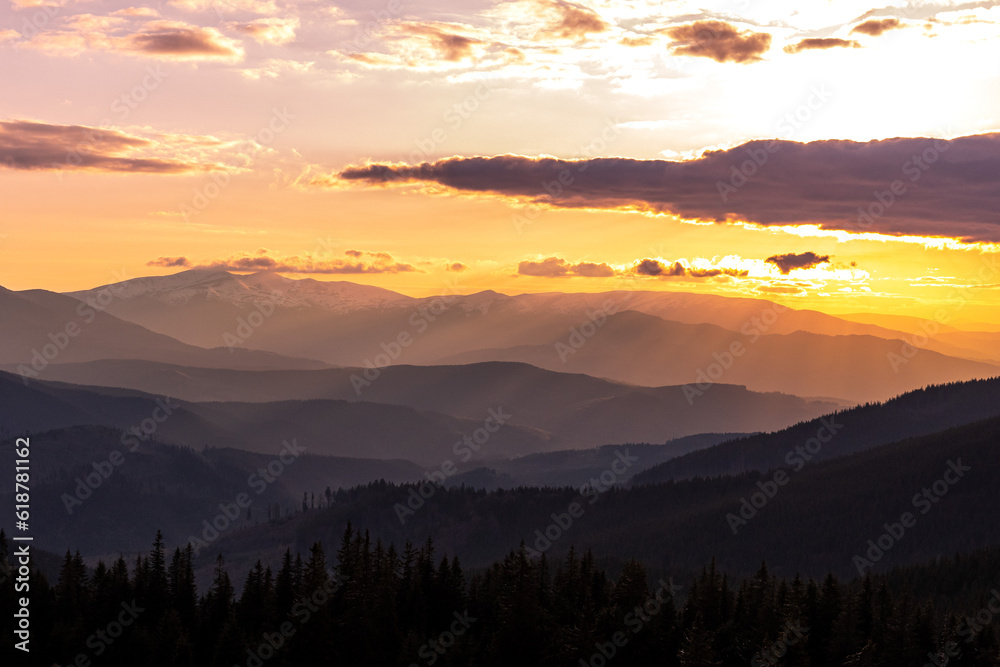 Obraz premium landscape in the mountains, sunset, silhouettes of peaks, Montenegrin mountain range, Carpathians, travel, screensaver, poster, poster, cover, print, spring, winter