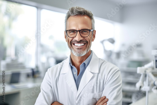 Portrait of handsome confident man doctor in dental clinic office