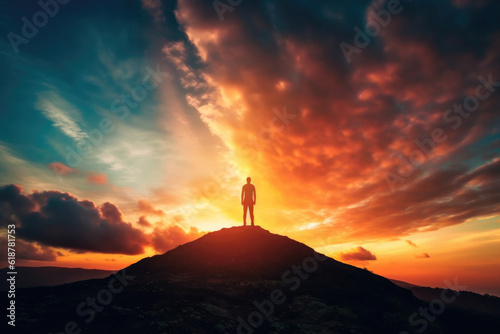 Inspired man traveler stands on top of a mountain at beautiful sunset sky background © Goffkein
