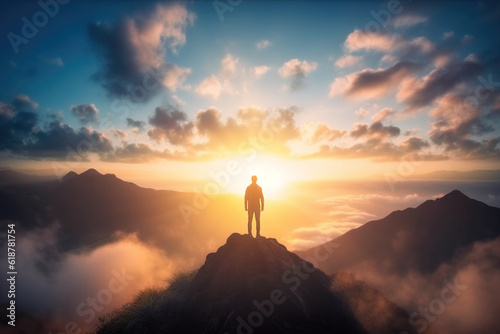 Inspired man traveler stands on top of a mountain at beautiful sunset sky background