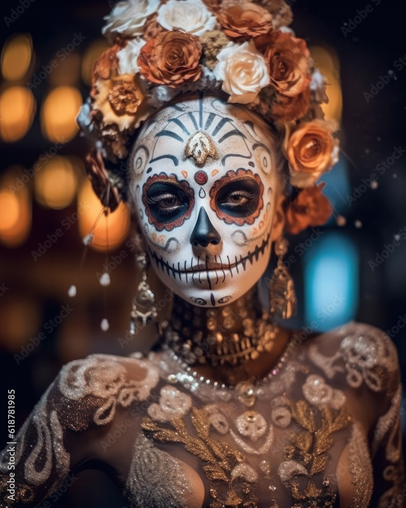 Woman with sugar skull makeup and flowers. close-up. Dia de los muertos, mexican holiday of the dead. Generative AI