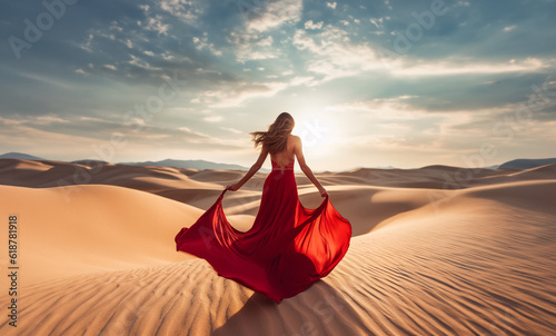 woman in red dress dancing in desert