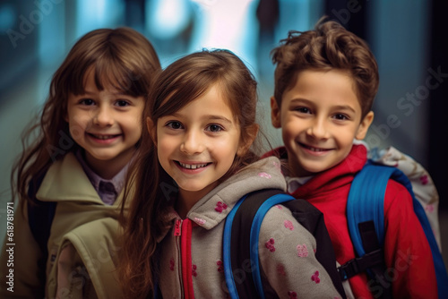 Group of different happy cheerful joyful children with backpacks