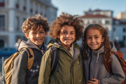 Group of different happy cheerful joyful children with backpacks