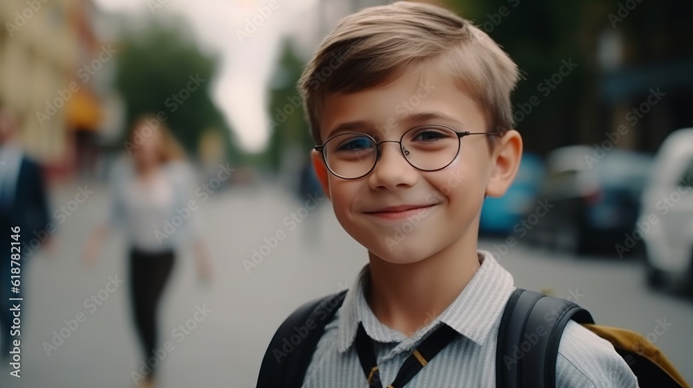 Portrait of a schoolboy. Happy smiling schoolboy went to school. Kid ...