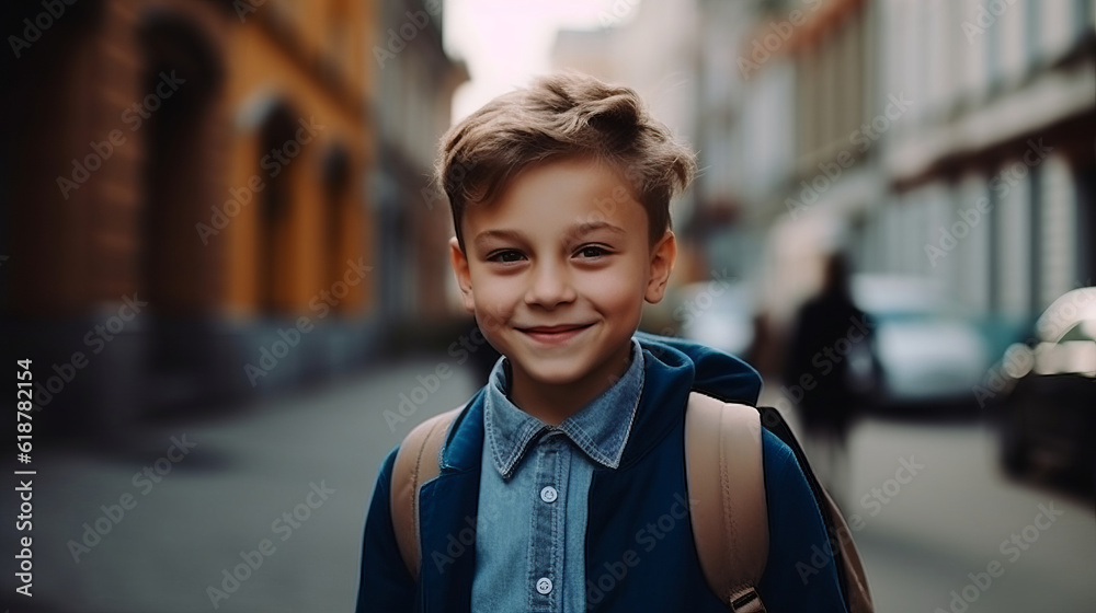 Portrait of a schoolboy. Happy smiling schoolboy went to school. Kid went to school. Created with Generative AI technology.