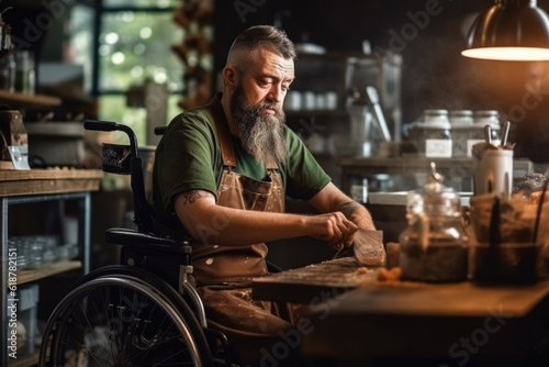 Disabled barista man in a wheelchair lives a daily life and working in a coffee shop