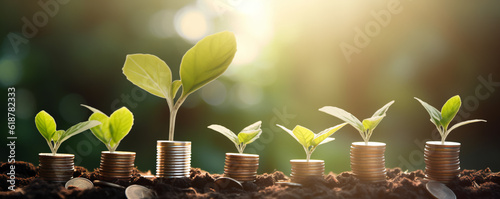 Idea of renewable energy and energy saving. Energy saving light bulb and tree growing on stacks of coins on nature background. Saving, accounting and financial concept