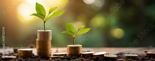 Idea of renewable energy and energy saving. Energy saving light bulb and tree growing on stacks of coins on nature background. Saving, accounting and financial concept