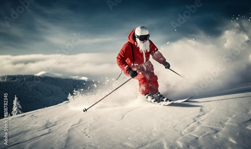 Santa's Rush: Jolly Santa Claus Skiing on Snow in a Red Suit. Not real person. Generative AI