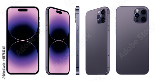 new smartphone frameless purple color with colored screen saver front and backside view isolated on white background. mockup of realistic new mobile phone with shadow. vector 3d isometric illustration