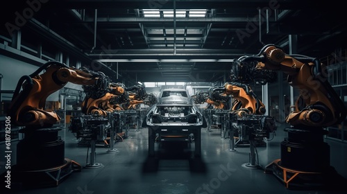 Efficient Automation: Robots on Car Assembly Line in a Thriving Factory. Generative AI © DigitalGenetics