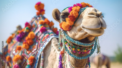 Portrait of camel wearing multicolored bead necklace. camel dressed in traditional, festive, flower-decorated ammunition.