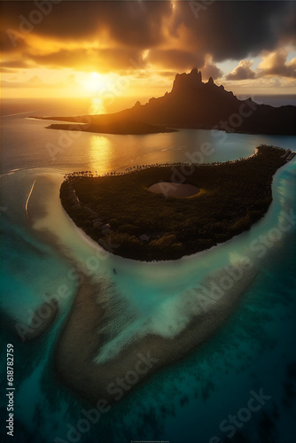 Calm waters of Bora Bora's Beach in golden rays of the sun over the ocean