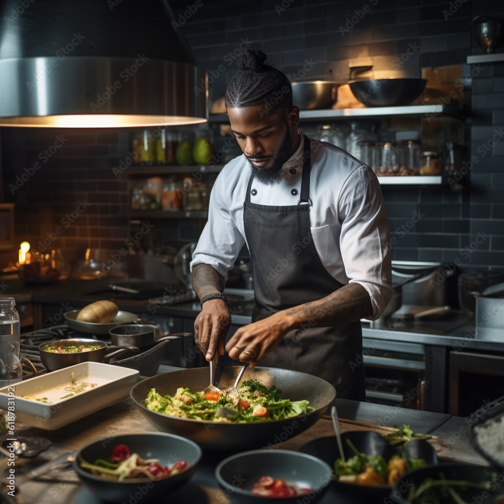 Black chef cooking. Generative AI. Black chef cooking. Generative AI.