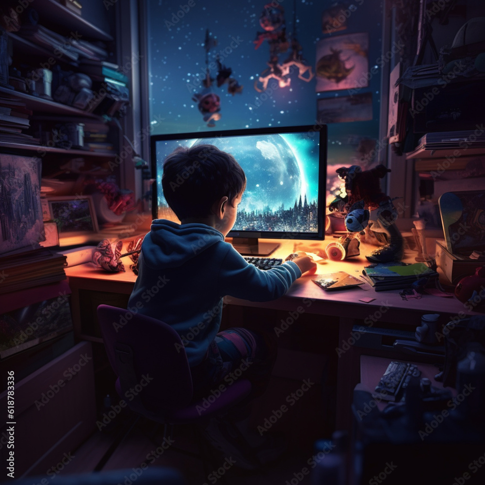 Back view of a boy playing video games in his gamer room. Generative AI.