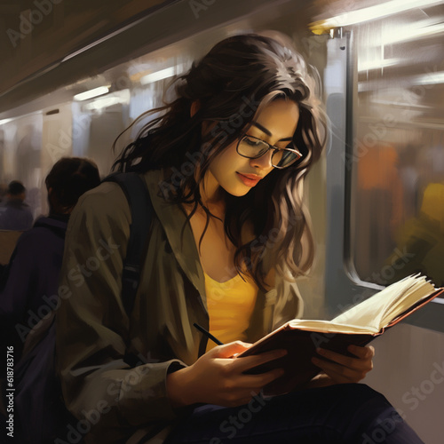 Woman reading a book in the subway. Generative AI.