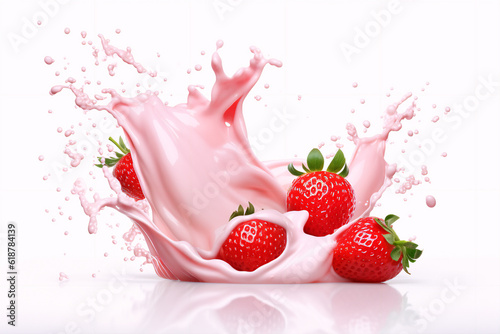milk or yogurt splash with strawberries isolated on white background, 3d rendering