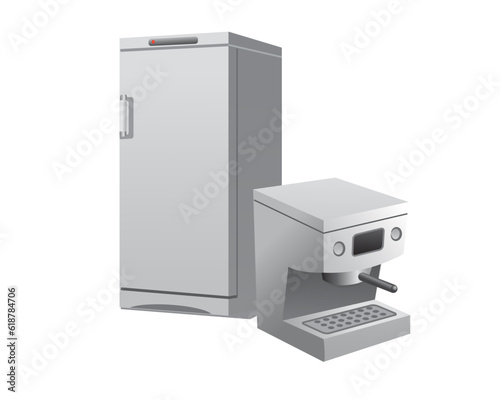 Coffee Machine and refrigerator fridge household equipment, Kitchen appliance electronic devices 3D monochrome Elements rendering vector illustration