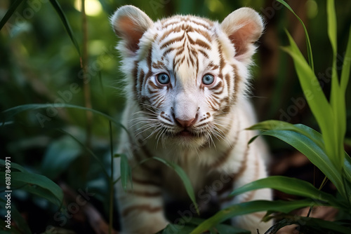 Cute little albino tiger cub with white fur outdoors