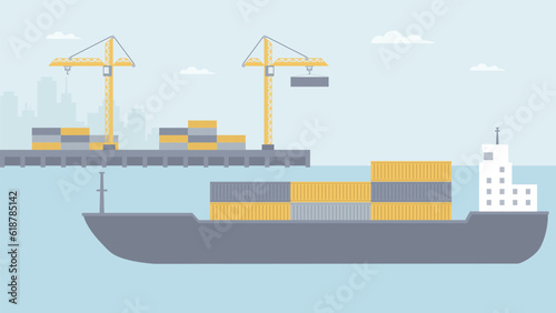 Logistic delivery solutions vector. Cargo ship in port. Container tanker with parcels illustration. 