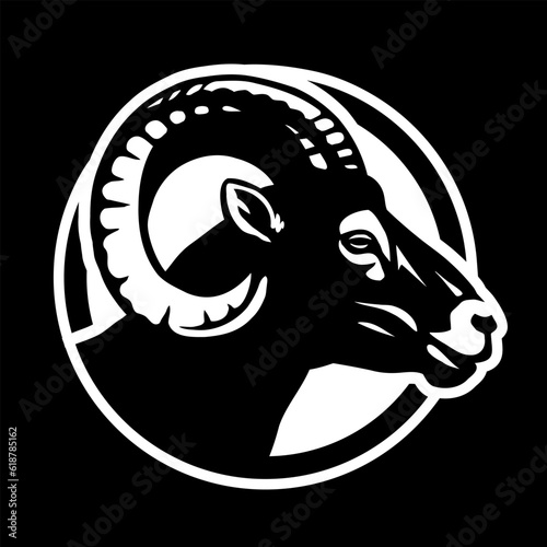 Ram silhouette, round shape logo on a dark background. Vector illustration.