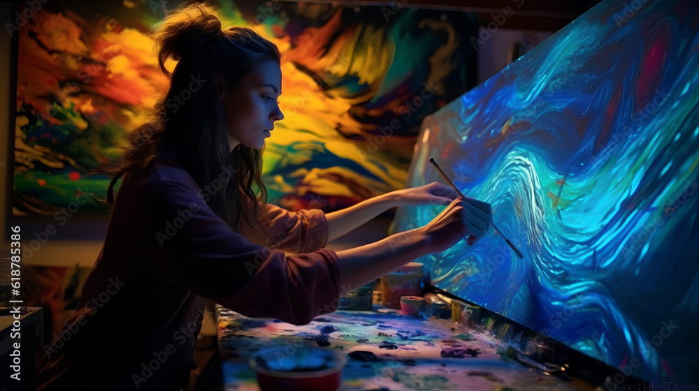 Woman Painting in Colorful Studio