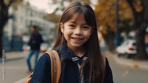 Portrait of a schoolgirl. Happy smiling schoolgirl went to school. Kid went to school. Created with Generative AI technology.