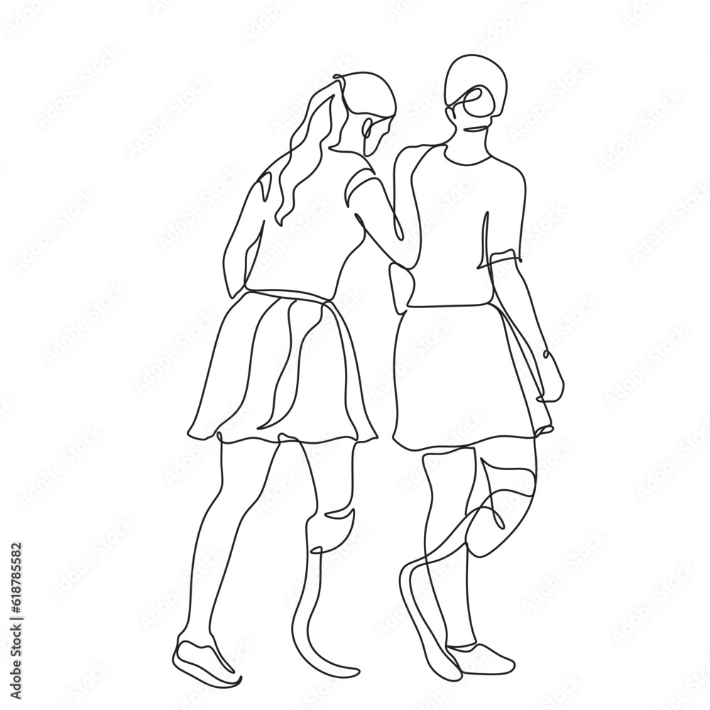 A continuous line art drawing disabled girls help each other. Disabled people. Vector stock illustration.