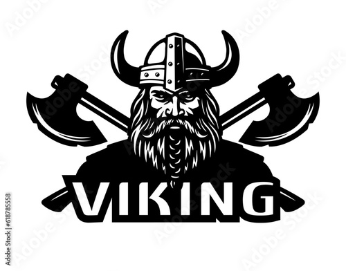 Viking warrior in a helmet with horns and two axes. Vector illustration.