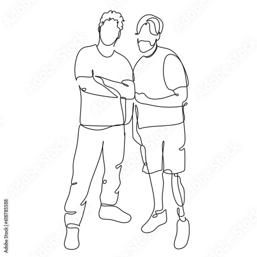 A continuous line art drawing a disabled man with an amputated foot on prostheses. Support and friendship between disabled people. Vector stock illustration.