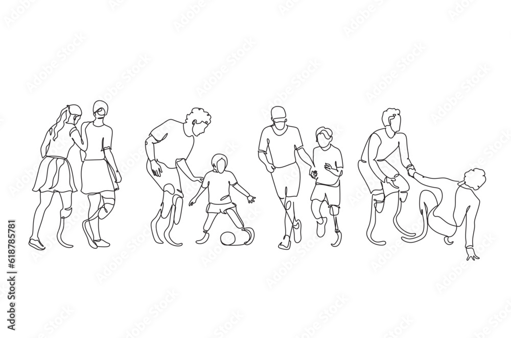 Continuous one line drawing disabled person on prostheses. Disabled sportswoman with amputated foot. Disabled sport, championship, game. Single line graphic design vector Continuous one line drawing disabled person on prostheses. Disabled sportswoman with amputated foot. Disabled sport, championship, game. Single line graphic design vector
