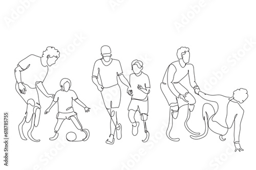 Continuous one line drawing disabled person on prostheses. Disabled sportswoman with amputated foot. Disabled sport, championship, game.  Single line graphic design vector