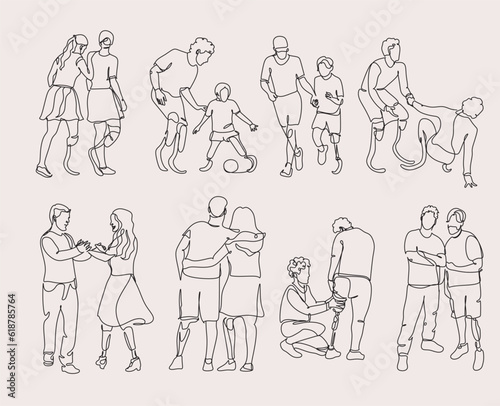 Continuous one-line drawing of disabled people on prostheses. Parents with kids. Man's friendship. Woman's support. Disabled sport, championship, game. Single-line graphic design vector