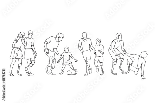 Continuous one line drawing disabled person on prostheses. Disabled sportswoman with amputated foot. Disabled sport, championship, game.  Single line graphic design vector