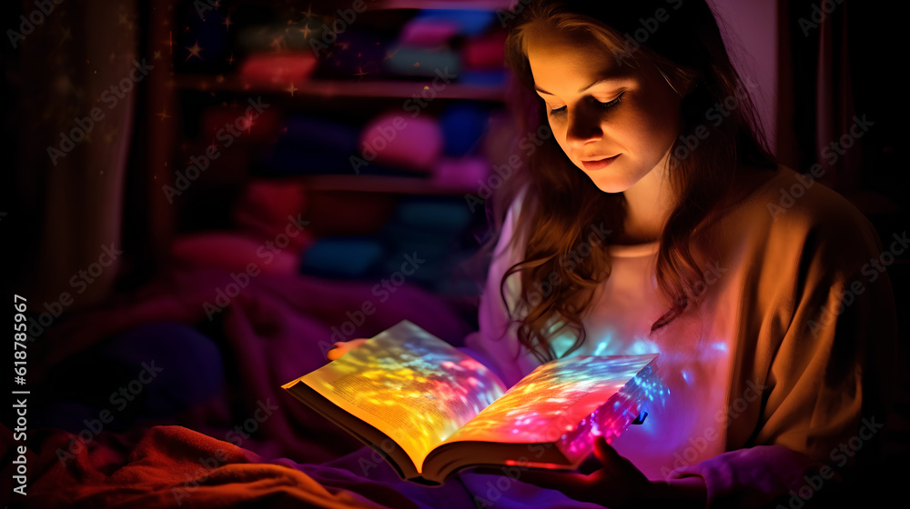 Fototapeta premium Girl Reading with Colorful Lights