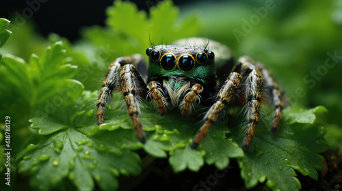 the macro closeup detailed jumping spider is perched on a lush green leaf with its many eyes focused created with Generative AI Technology